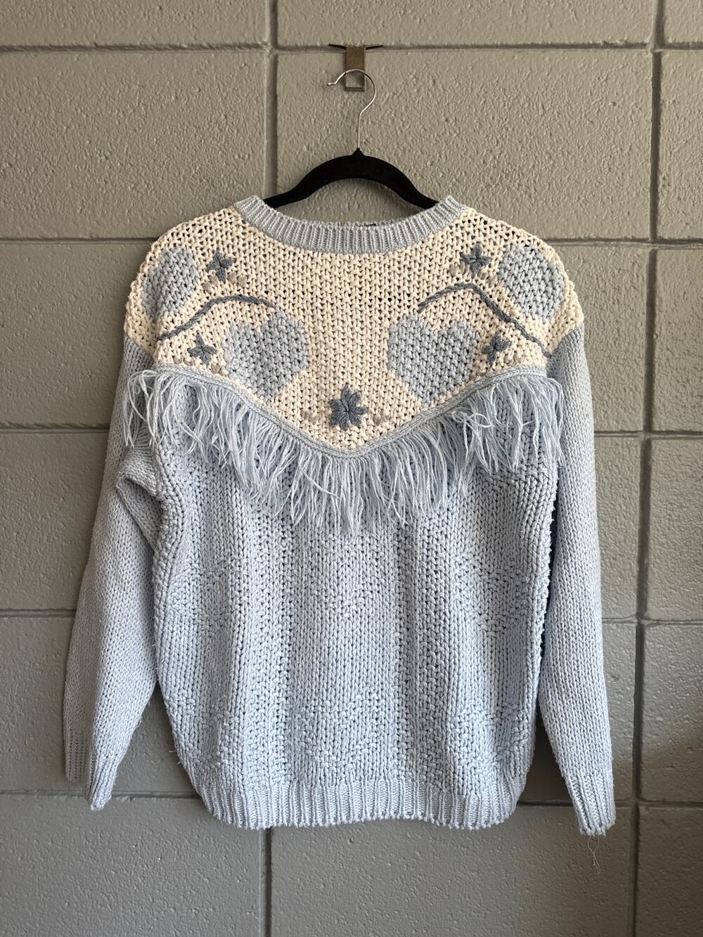 Vintage Coastal Cowgirl Chunky Knit Heart Fringe Crewneck Sweater size M